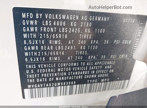 WVGAV7AX2GW583569 2016 VOLKSWAGEN TIGUAN Белый Вид подкапотного пространства