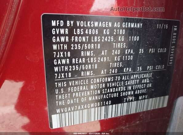 WVGAV7AX4GW061140 2016 VOLKSWAGEN TIGUAN Red Вид підкапотного простору