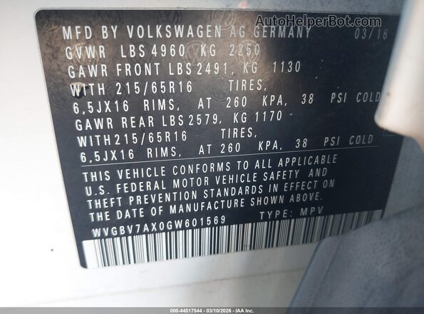 WVGBV7AX0GW601569 2016 VOLKSWAGEN TIGUAN White 