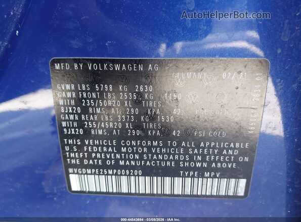 WVGDMPE25MP009200 2021 VOLKSWAGEN ID.4 Blue Vista del compartimento del motor