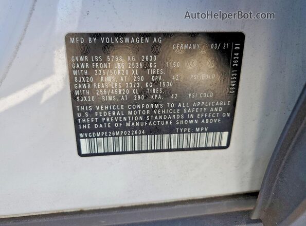 WVGDMPE26MP022604 2021 VOLKSWAGEN ID.4 White VIN կոդի պիտակի տեսք