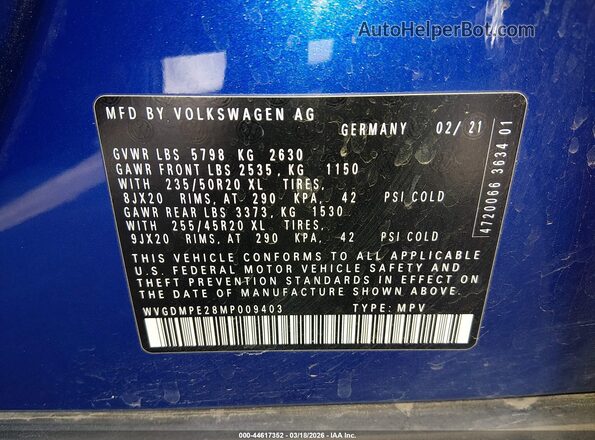 WVGDMPE28MP009403 2021 VOLKSWAGEN ID.4 Blue Vista del compartimento del motor