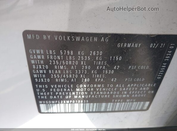WVGDMPE2XMP019639 2021 VOLKSWAGEN ID.4 White Շարժիչի բաժամունքի տեսք