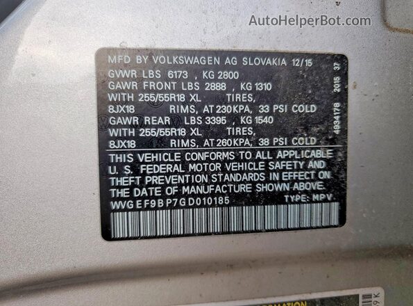WVGEF9BP7GD010185 2016 VOLKSWAGEN TOUAREG Silver Vista del compartimento del motor