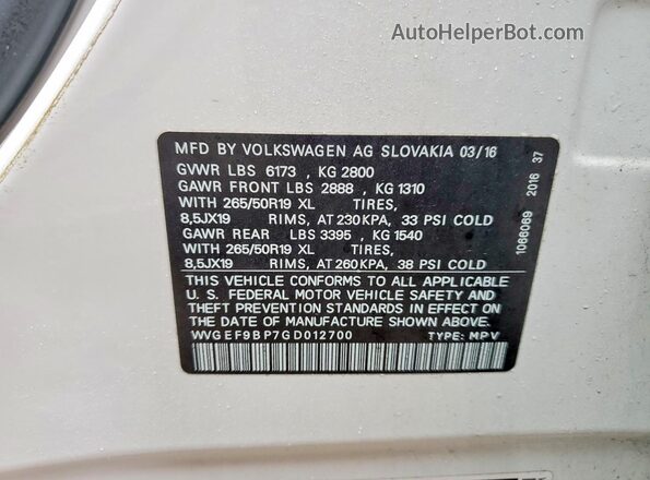 WVGEF9BP7GD012700 2016 VOLKSWAGEN TOUAREG White Панорамний вид салону 360°