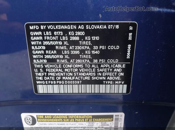 WVGEF9BP9GD003397 2016 VOLKSWAGEN TOUAREG Blue Widok komory silnika