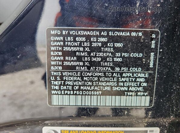 WVGEP9BP5GD005967 2016 VOLKSWAGEN TOUAREG Blue VIN sticker view