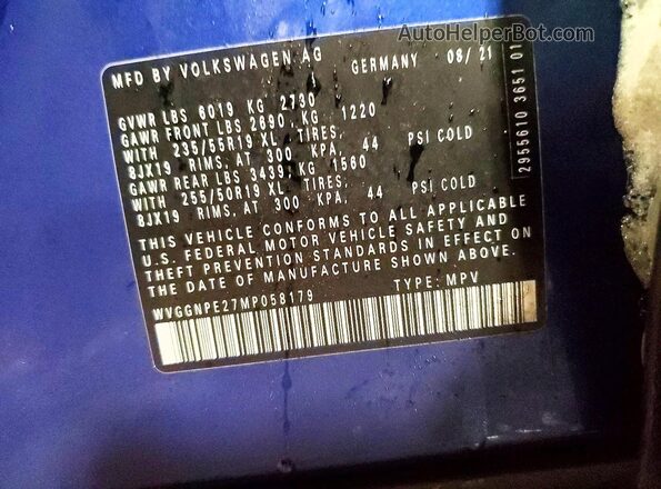 WVGGNPE27MP058179 2021 VOLKSWAGEN ID.4 Blue Vista de la etiqueta del VIN