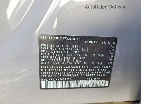 WVGJNPE2XNP037799 2022 VOLKSWAGEN ID.4 Серый Вид наклейки с VIN-кодом
