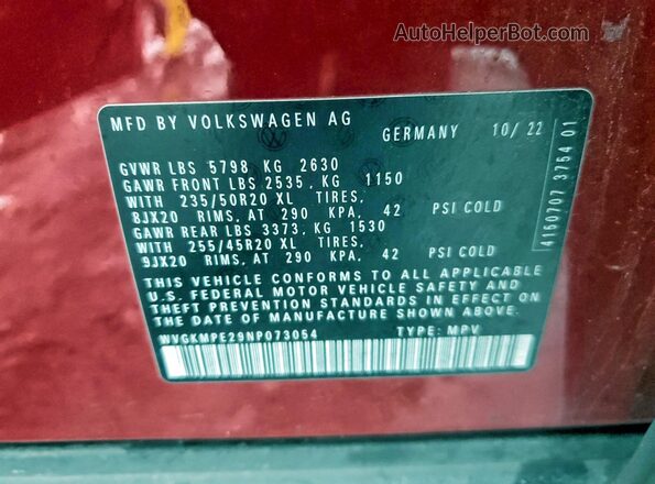 WVGKMPE29NP073054 2022 VOLKSWAGEN ID.4 Red Панорамний вид салону 360°