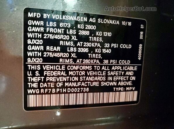 WVGRF7BP1HD002736 2017 VOLKSWAGEN TOUAREG Gray 