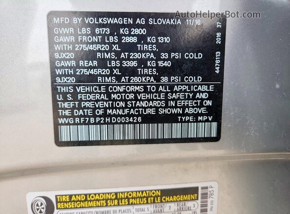 WVGRF7BP2HD003426 2017 VOLKSWAGEN TOUAREG Серебряный Вид наклейки с VIN-кодом