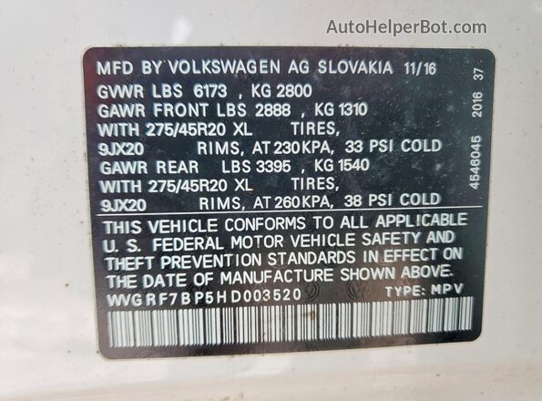 WVGRF7BP5HD003520 2017 VOLKSWAGEN TOUAREG White 