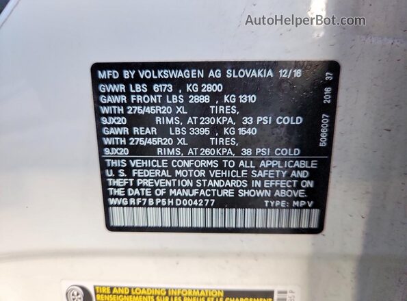 WVGRF7BP5HD004277 2017 VOLKSWAGEN TOUAREG White Սալոնի 360 աստիճան տեսք
