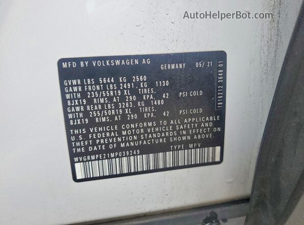 WVGRMPE21MP039249 2021 VOLKSWAGEN ID.4 White VIN կոդի պիտակի տեսք