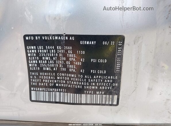 WVGRMPE2XNP049831 2022 VOLKSWAGEN ID.4 Silver Vista del compartimento del motor