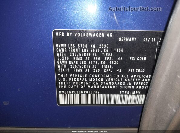 WVGTMPE20MP038762 2021 VOLKSWAGEN ID.4 Blue Շարժիչի բաժամունքի տեսք