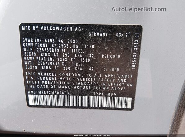 WVGTMPE22MP028038 2021 VOLKSWAGEN ID.4 Gray Вид підкапотного простору