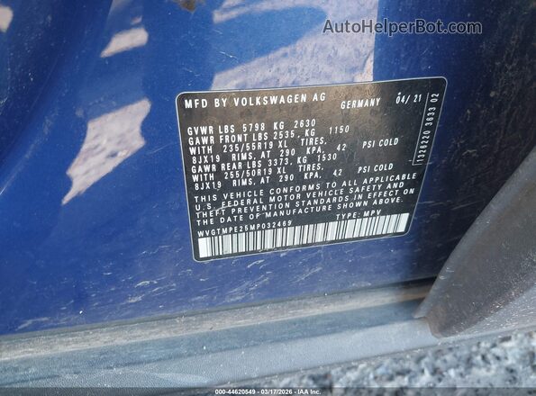 WVGTMPE25MP032469 2021 VOLKSWAGEN ID.4 Blue Շարժիչի բաժամունքի տեսք