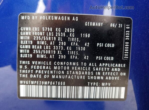 WVGTMPE29MP047668 2021 VOLKSWAGEN ID.4 Blue Вид наклейки з VIN-кодом