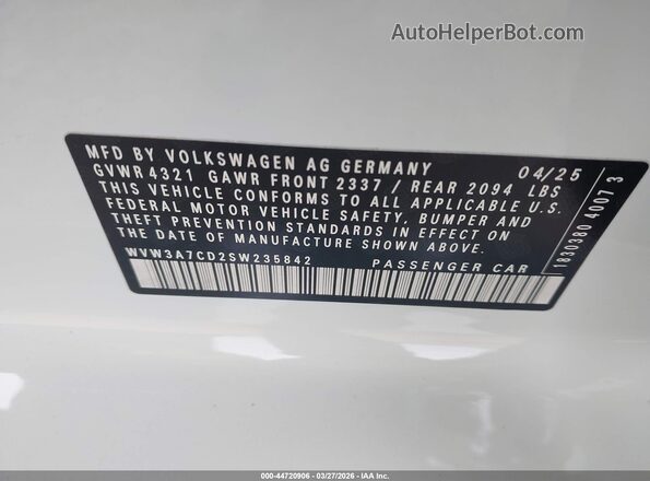 WVW3A7CD2SW235842 2025 VOLKSWAGEN GOLF White Engine compartment view