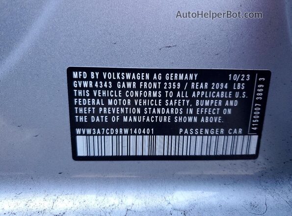 WVW3A7CD9RW140401 2024 VOLKSWAGEN GTI Silver Вид наклейки з VIN-кодом