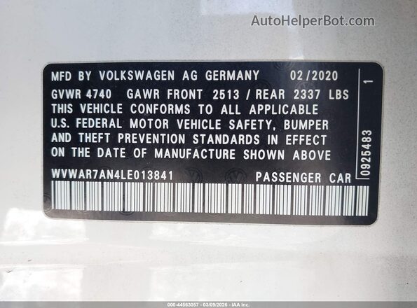 WVWAR7AN4LE013841 2020 VOLKSWAGEN ARTEON White Vista del compartimento del motor
