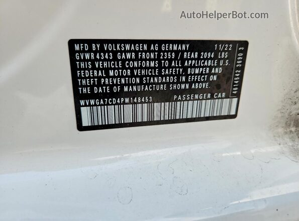 WVWGA7CD4PW148453 2023 VOLKSWAGEN GTI White Вид наклейки з VIN-кодом