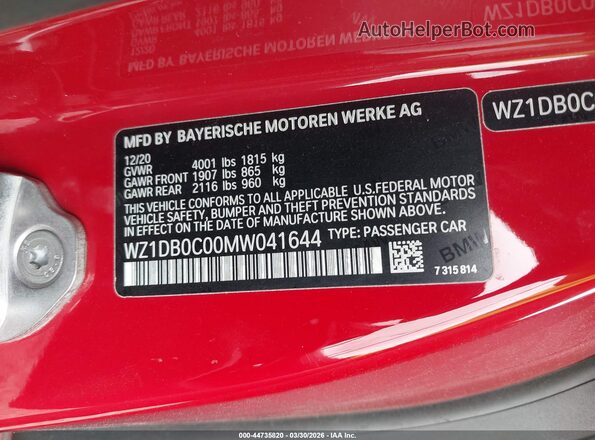 WZ1DB0C00MW041644 2021 TOYOTA GR SUPRA Красный Вид подкапотного пространства