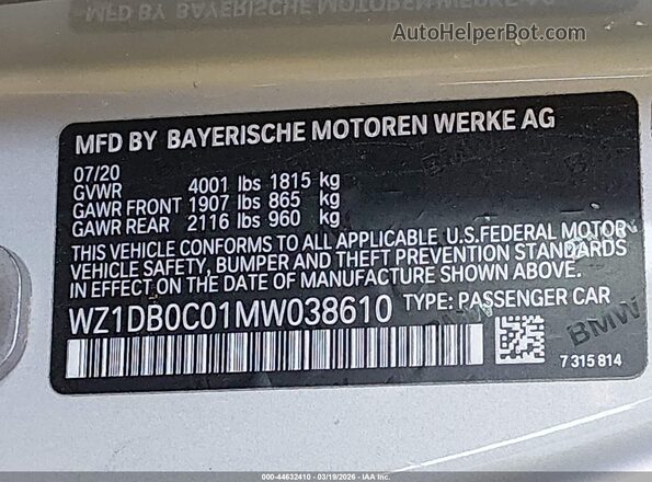 WZ1DB0C01MW038610 2021 TOYOTA GR SUPRA Silver Vista del compartimento del motor