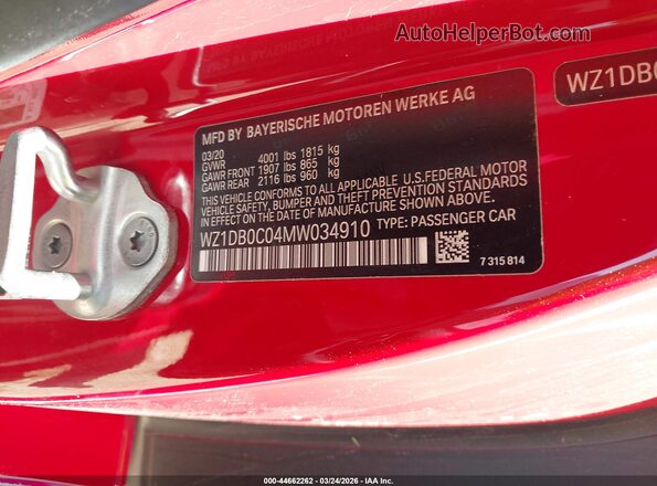 WZ1DB0C04MW034910 2021 TOYOTA GR SUPRA Red Vista del compartimento del motor