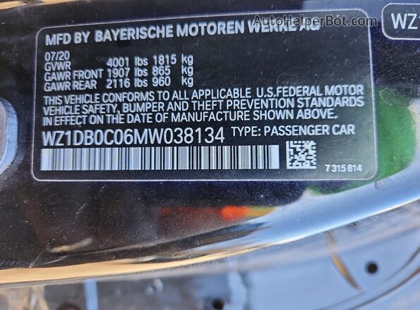 WZ1DB0C06MW038134 2021 TOYOTA GR Black Widok naklejki z numerem VIN