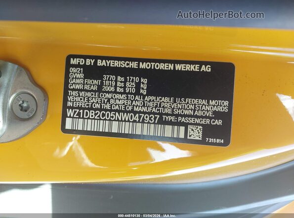 WZ1DB2C05NW047937 2022 TOYOTA GR SUPRA Yellow Вид підкапотного простору
