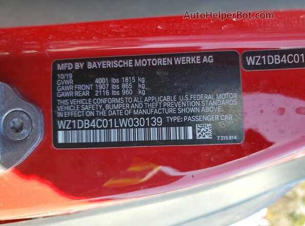 WZ1DB4C01LW030139 2020 TOYOTA GR Red VIN sticker view
