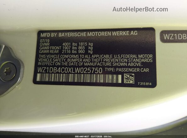 WZ1DB4C0XLW025750 2020 TOYOTA GR SUPRA White 