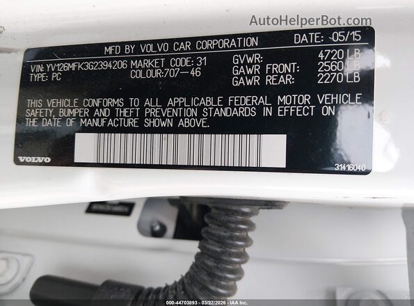 YV126MFK3G2394206 2016 VOLVO S60 White Вид підкапотного простору