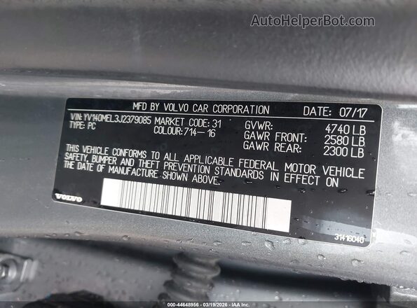 YV140MEL3J2379085 2018 VOLVO V60 Blue Engine compartment view
