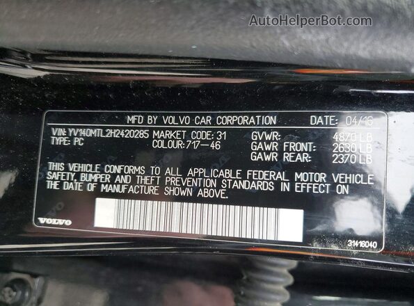 YV140MTL2H2420285 2017 VOLVO S60 Black Vista de la etiqueta del VIN