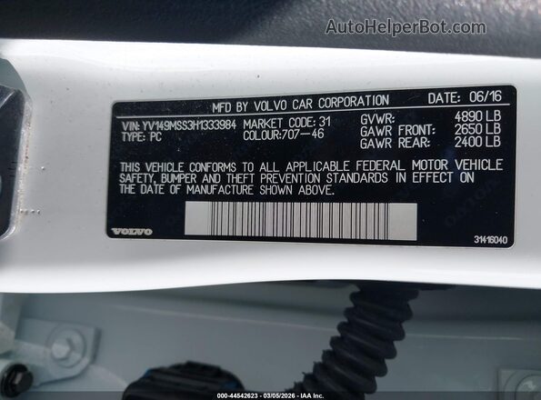 YV149MSS3H1333984 2017 VOLVO V60 White Շարժիչի բաժամունքի տեսք