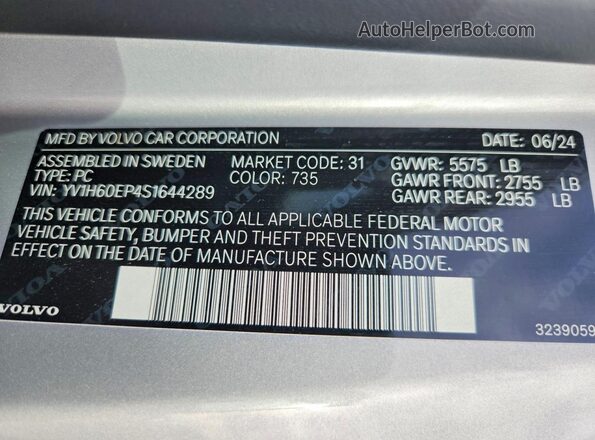 YV1H60EP4S1644289 2025 VOLVO V60 Silver Vista de la etiqueta del VIN