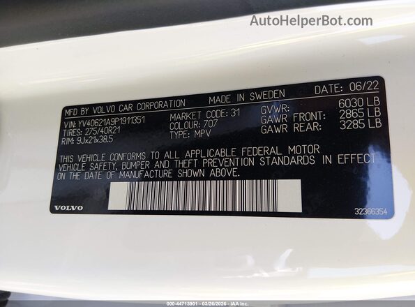YV40621A9P1911351 2023 VOLVO XC90 White Widok komory silnika