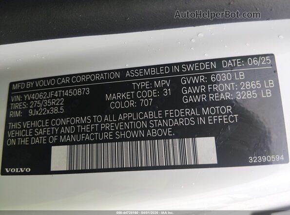 YV4062JF4T1450873 2026 VOLVO XC90 White Widok komory silnika