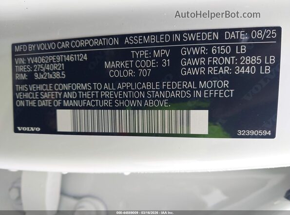 YV4062PE9T1461124 2026 VOLVO XC90 White Вид підкапотного простору