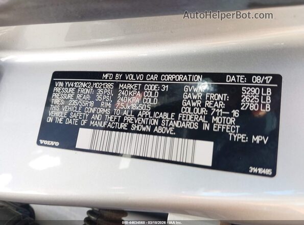YV4102NK2J1021385 2018 VOLVO V90 CROSS COUNTRY Gray Вид підкапотного простору