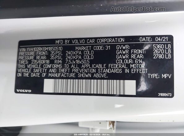 YV4102RK6M1850510 2021 VOLVO XC60 White Engine compartment view