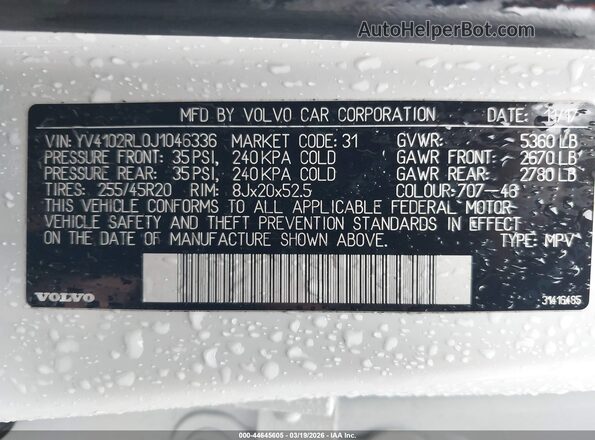 YV4102RL0J1046336 2018 VOLVO XC60 Белый Вид подкапотного пространства