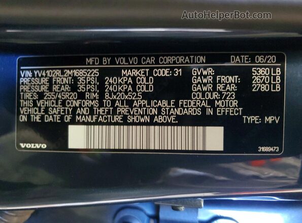 YV4102RL2M1685225 2021 VOLVO XC60 Blue 