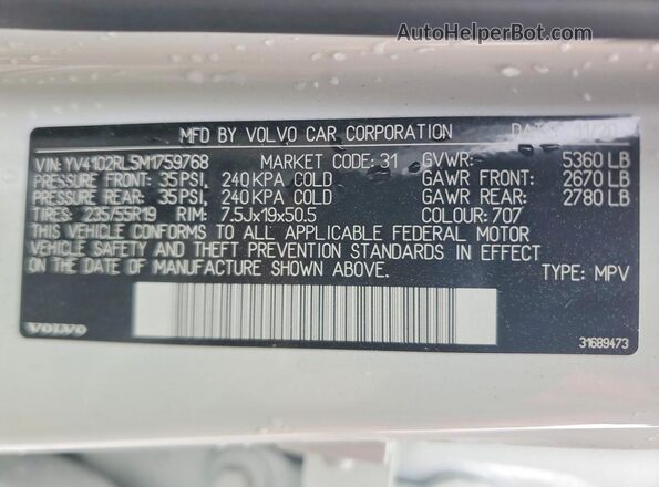 YV4102RL5M1759768 2021 VOLVO XC60 White VIN կոդի պիտակի տեսք