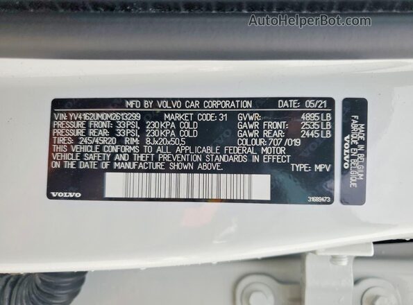 YV4162UM0M2613299 2021 VOLVO XC40 White VIN კოდის სტიკერის ხედი
