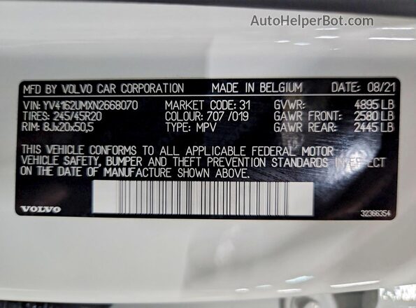 YV4162UMXN2668070 2022 VOLVO XC40 White VIN კოდის სტიკერის ხედი